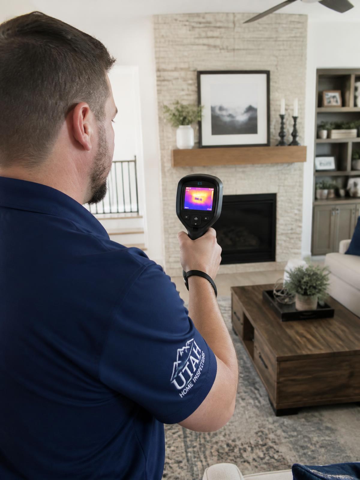 Universal home inspector scanning a wall with a thermal imaging camera